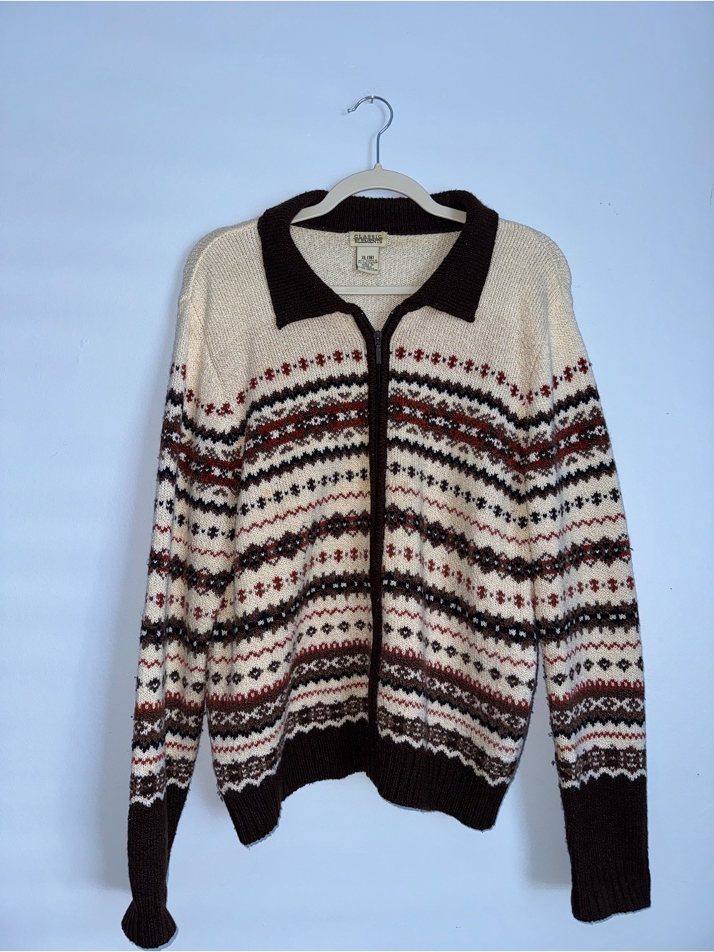 Classic Elements Cream and Brown Fair Isle Zip Cardigan Sweater